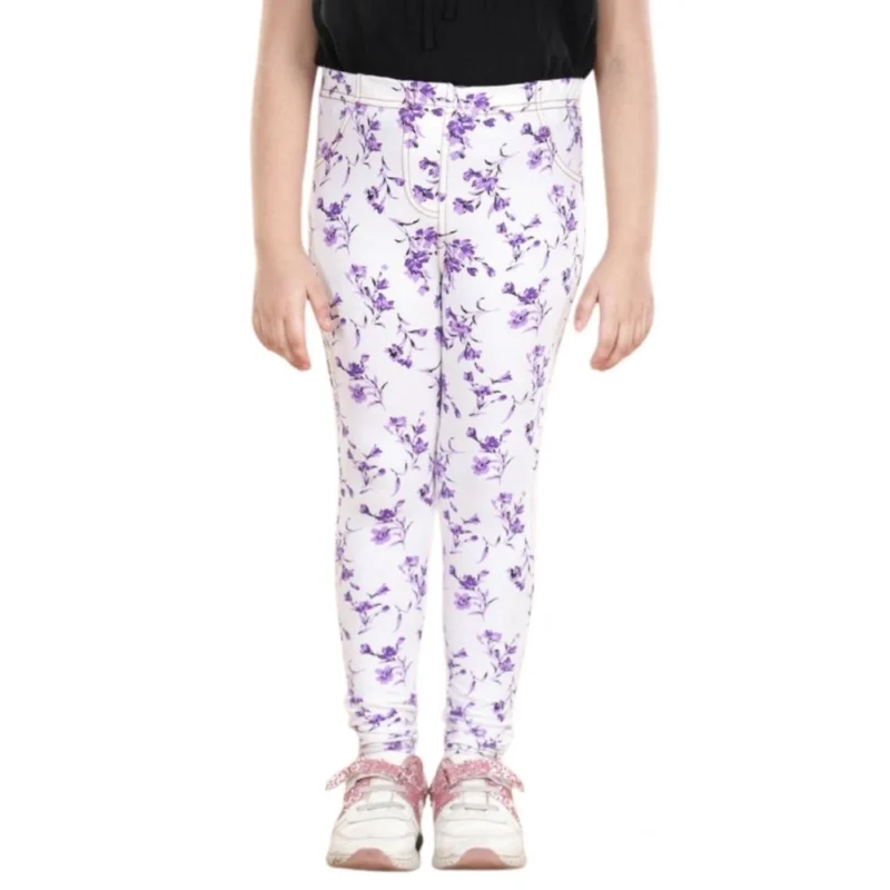 Generic Girl's Cotton Lycra Floral Elasticated Jeggings (White-Lavender)