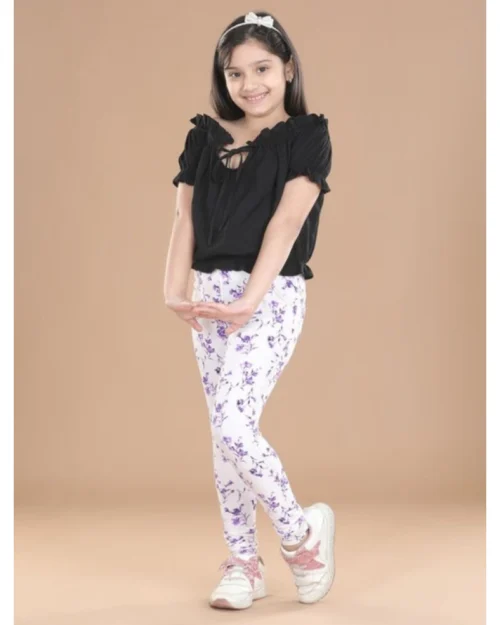 Generic Girl's Cotton Lycra Floral Elasticated Jeggings (White-Lavender)