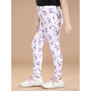 Generic Girl's Cotton Lycra Floral Elasticated Jeggings (White-Lavender)