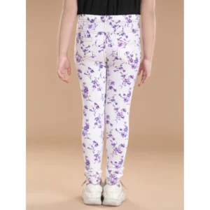 Generic Girl's Cotton Lycra Floral Elasticated Jeggings (White-Lavender)