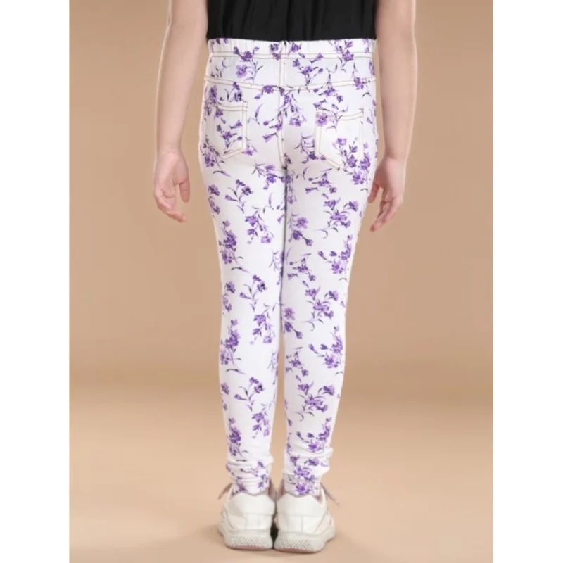 Generic Girl's Cotton Lycra Floral Elasticated Jeggings (White-Lavender)