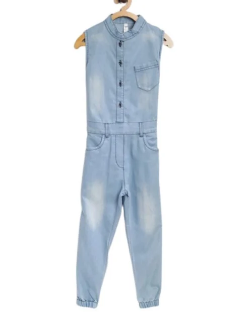 Generic Girl's Denim Embellished Sleeveless Jumpsuit (Blue)