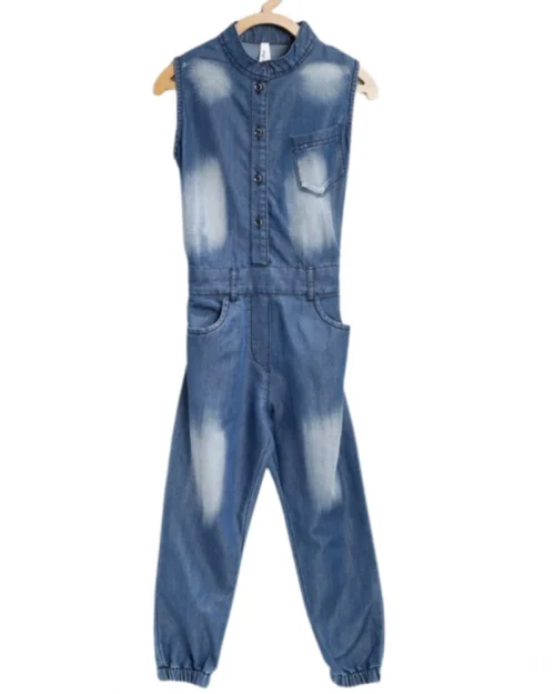 Generic Girl's Denim Embellished Sleeveless Jumpsuit (Blue)