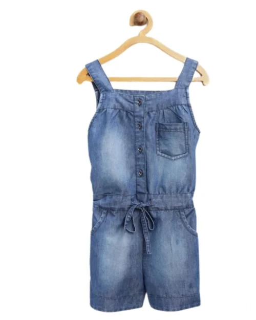 Generic Girl's Denim Embroidered Sleeveless Jumpsuit (Blue)