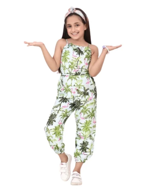 Generic Girl's Denim Embroidered Sleeveless Jumpsuit (White-Green)