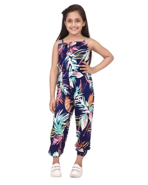 Generic Girl's Rayon Printed Sleeveless Jumpsuit (Blue-Multicolor)