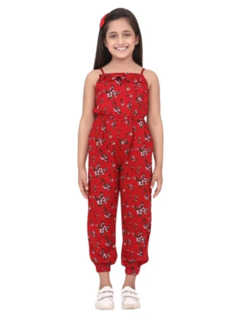 Generic Girl's Rayon Floral Sleeveless Jumpsuit (Red)