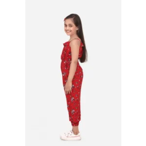 Generic Girl's Rayon Floral Sleeveless Jumpsuit (Red)