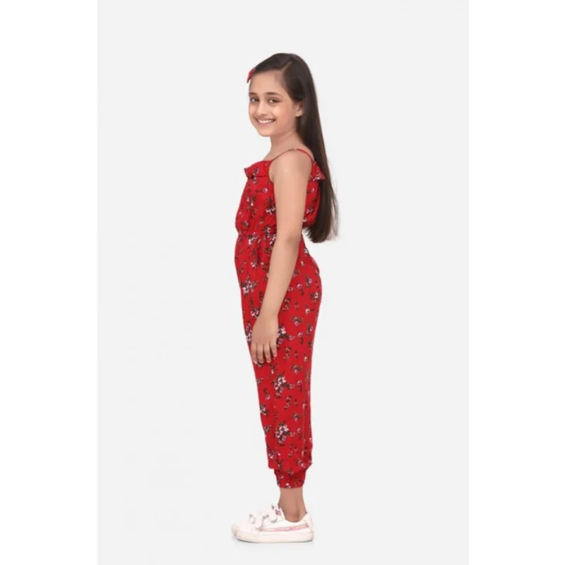 Generic Girl's Rayon Floral Sleeveless Jumpsuit (Red)
