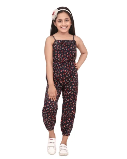 Generic Girl's Rayon Floral Sleeveless Jumpsuit (Black-Red)