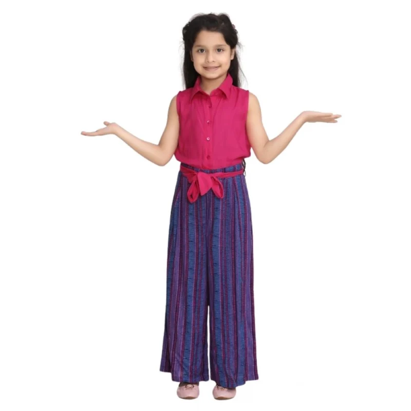 Generic Girl's Rayon Colour Block Sleeveless Jumpsuit (Pink-Blue)