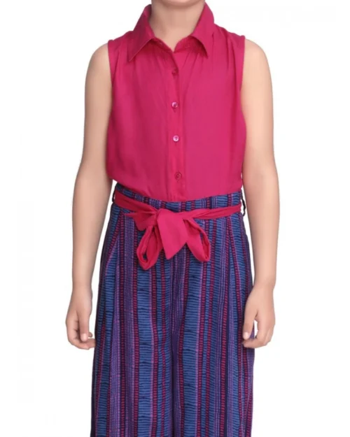 Generic Girl's Rayon Colour Block Sleeveless Jumpsuit (Pink-Blue)