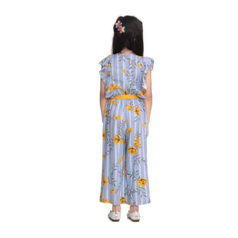 Generic Girl's Rayon Floral Flutter Jumpsuit (Blue-Yellow)