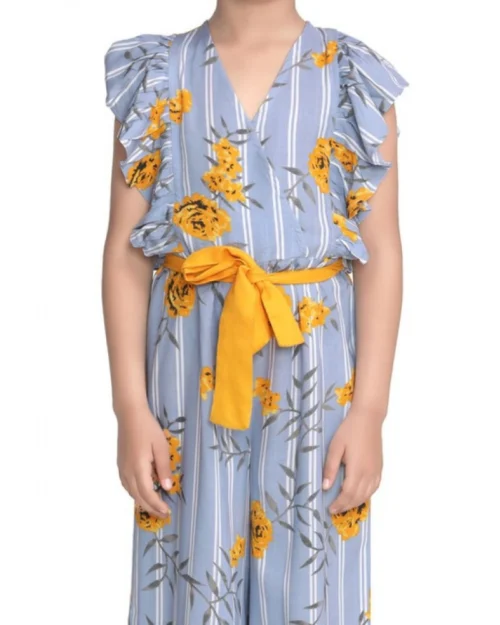 Generic Girl's Rayon Floral Flutter Jumpsuit (Blue-Yellow)