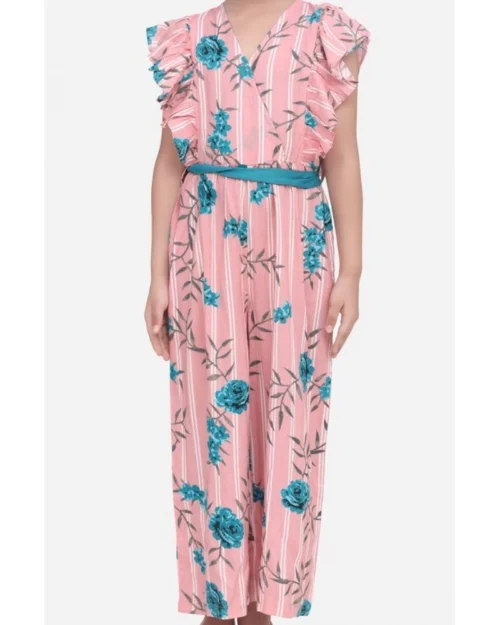 Generic Girl's Rayon Floral Flutter Jumpsuit (Pink-Blue)