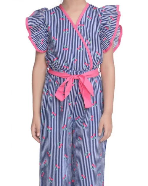 Generic Girl's Cotton Striped Flutter Jumpsuit (Blue-Pink)