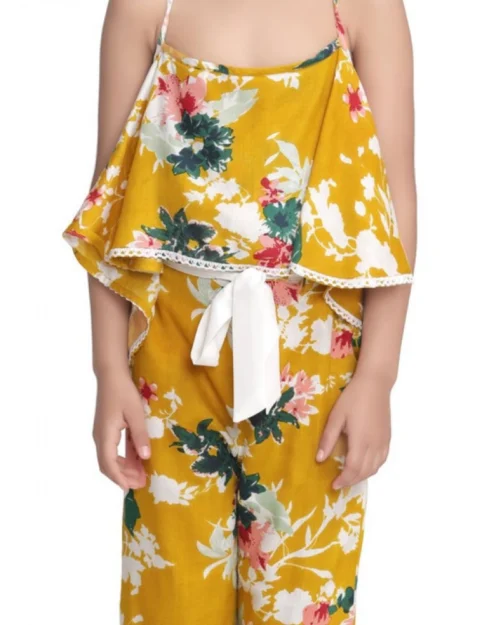 Generic Girl's Rayon Floral Shoulder Straps Jumpsuit (Mustard)
