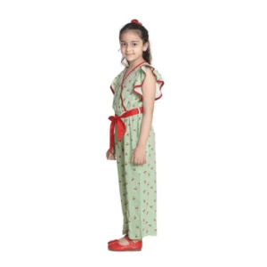 Generic Girl's Rayon Printed Flutter Jumpsuit (Green)