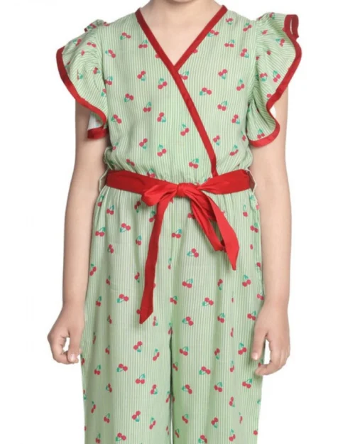Generic Girl's Rayon Printed Flutter Jumpsuit (Green)