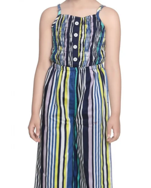 Generic Girl's Rayon Striped Sleeveless Jumpsuit (Blue)