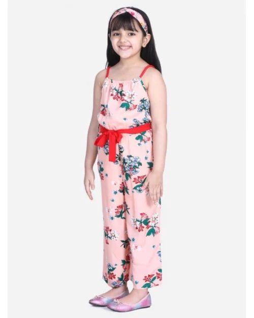 Generic Girl's Polyester Crepe Floral Shoulder Straps Jumpsuit (Peach-Red)