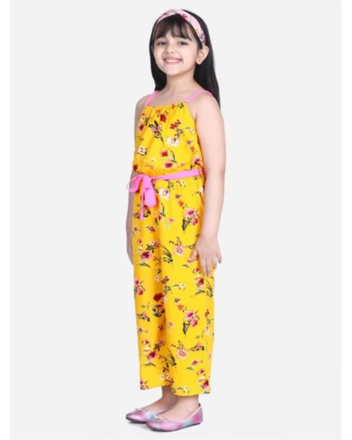 Generic Girl's Polyester Crepe Floral Shoulder Straps Jumpsuit (Yellow-Pink)