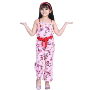 Generic Girl's Polyester Crepe Floral Shoulder Straps Jumpsuit (Pink-Red)