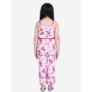 Generic Girl's Polyester Crepe Floral Shoulder Straps Jumpsuit (Pink-Red)