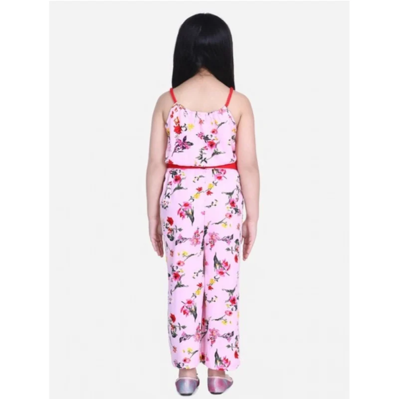 Generic Girl's Polyester Crepe Floral Shoulder Straps Jumpsuit (Pink-Red)