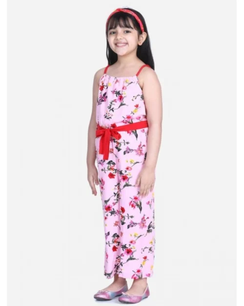 Generic Girl's Polyester Crepe Floral Shoulder Straps Jumpsuit (Pink-Red)