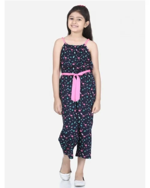 Generic Girl's Rayon Flamingo Print Sleeveless Jumpsuit (Black-Pink)