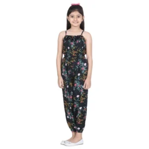Generic Girl's Rayon Flamingo Print Sleeveless Jumpsuit (Black-Multicolor)
