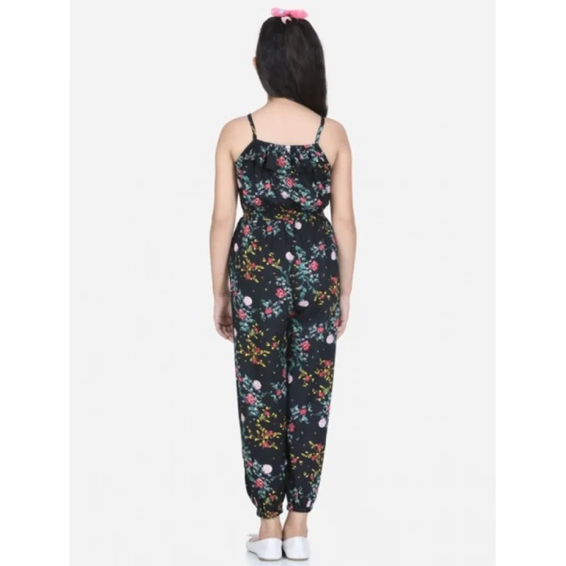 Generic Girl's Rayon Flamingo Print Sleeveless Jumpsuit (Black-Multicolor)