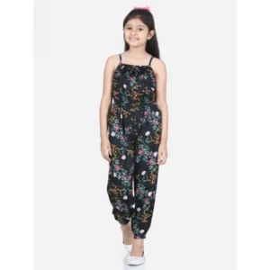 Generic Girl's Rayon Flamingo Print Sleeveless Jumpsuit (Black-Multicolor)