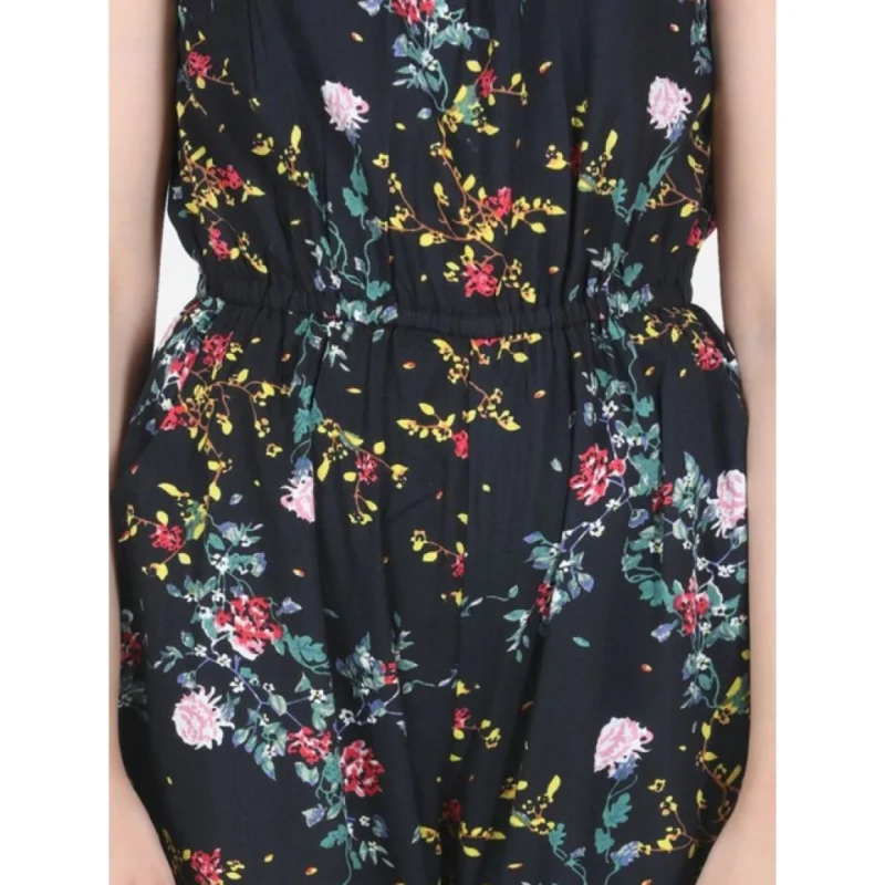 Generic Girl's Rayon Flamingo Print Sleeveless Jumpsuit (Black-Multicolor)