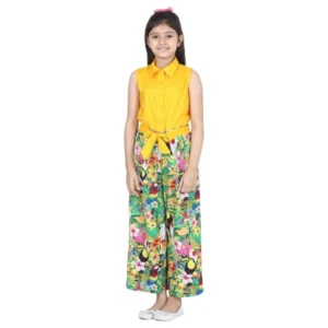 Generic Girl's Rayon Flamingo Print Sleeveless Jumpsuit (Yellow-Multicolor)
