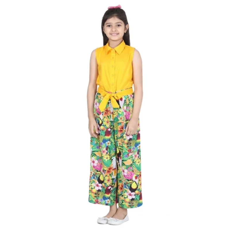 Generic Girl's Rayon Flamingo Print Sleeveless Jumpsuit (Yellow-Multicolor)