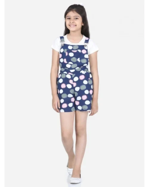 Generic Girl's Rayon Polka Sleeveless Jumpsuit (Blue-Pink)