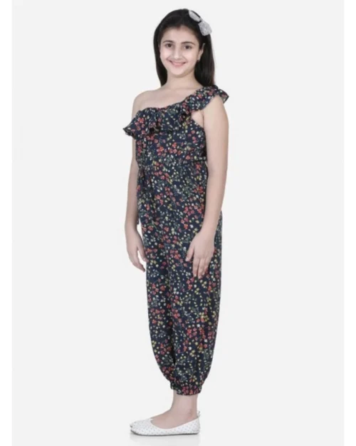 Generic Girl's Polyester Moss Floral Sleeveless Jumpsuit (Multicolor)