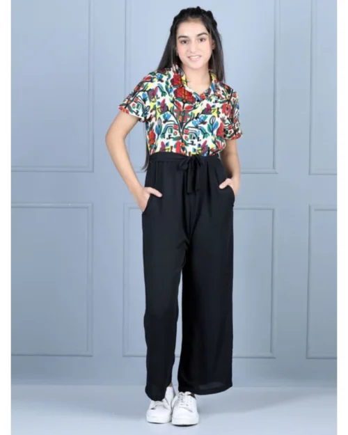 Generic Girl's Polyester Printed Short Sleeves Jumpsuit (Multicolor-Black)