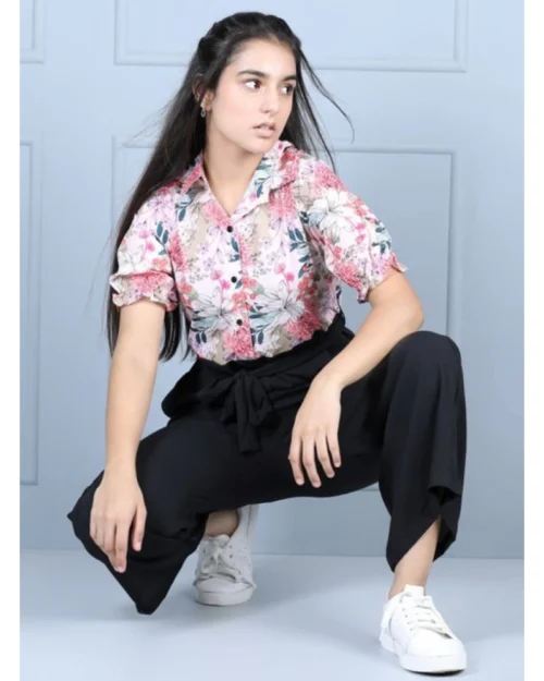 Generic Girl's Polyester Floral Short Sleeves Jumpsuit (White-Black)