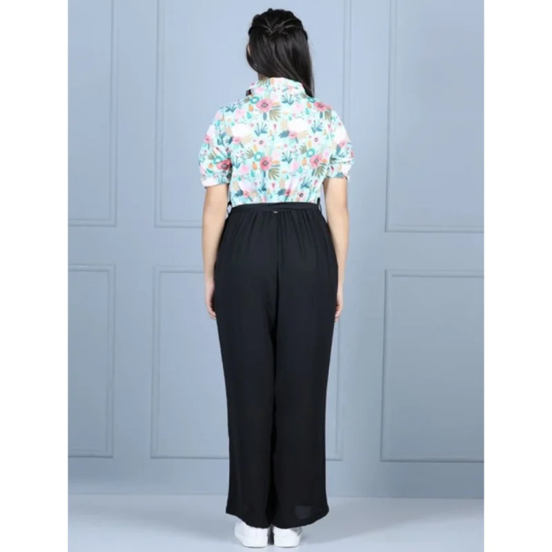 Generic Girl's Polyester Floral Short Sleeves Jumpsuit (Green-Black)