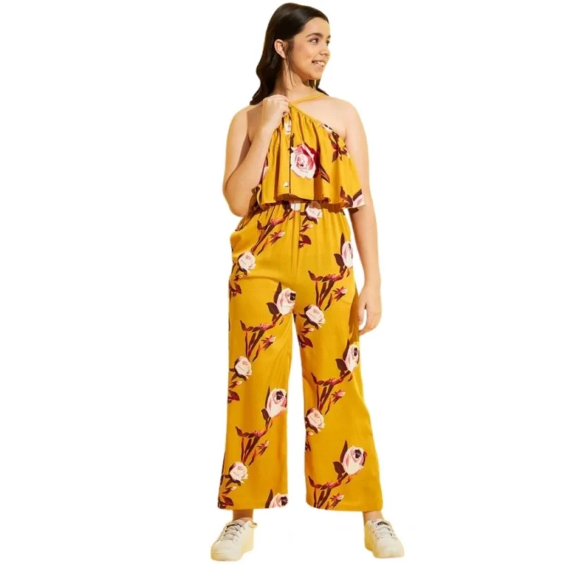 Generic Girl's Polyester Crepe Floral Sleeveless Jumpsuit (Mustard)