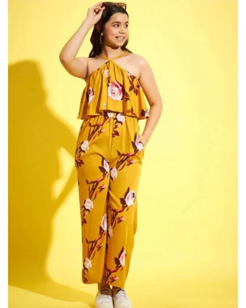 Generic Girl's Polyester Crepe Floral Sleeveless Jumpsuit (Mustard)