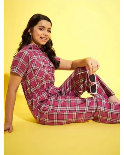 Generic Girl's Cotton Checkered Short Sleeves Jumpsuit (Pink)
