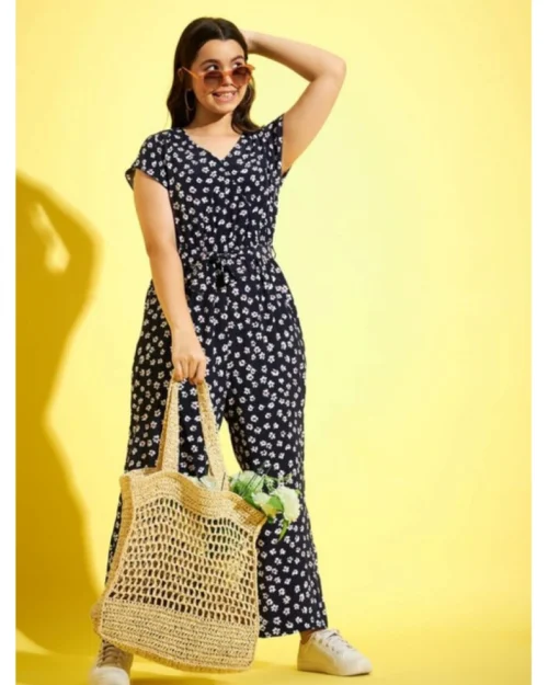 Generic Girl's Polyester Moss Floral Short Sleeves Jumpsuit (Navy-white)