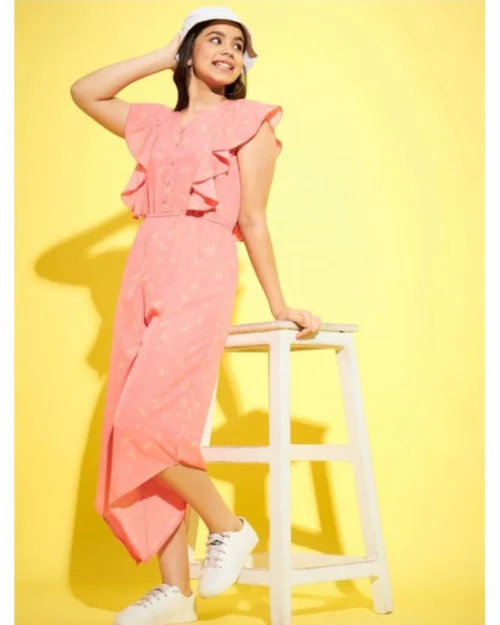 Generic Girl's Polyester Floral Sleeveless Jumpsuit (Pink)