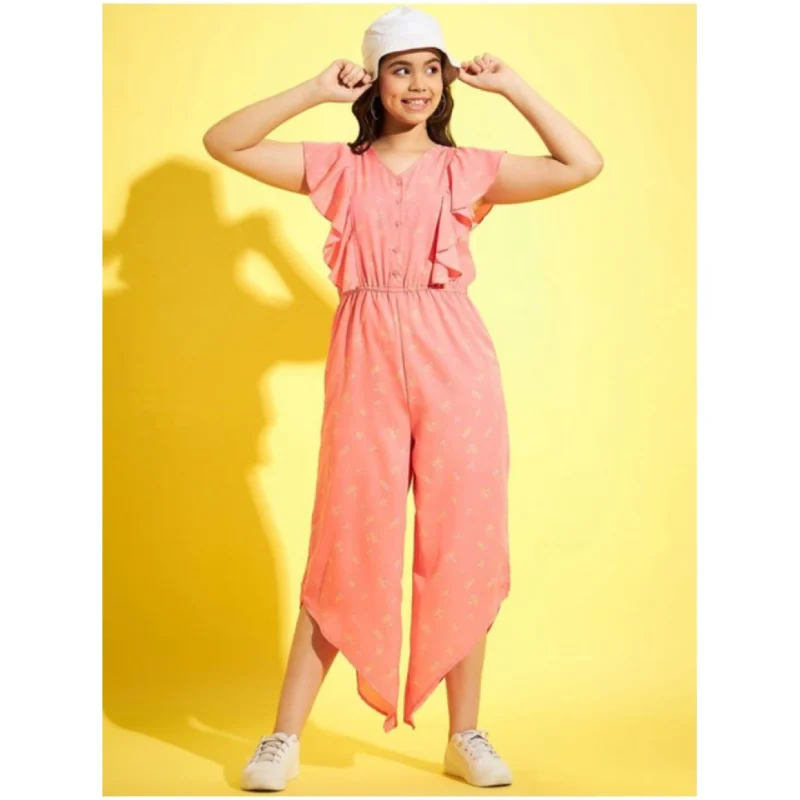 Generic Girl's Polyester Floral Sleeveless Jumpsuit (Pink)