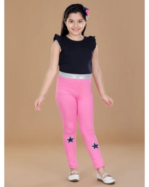 Generic Girl's Cotton Lycra Star Print Elasticated Leggings (Pink)