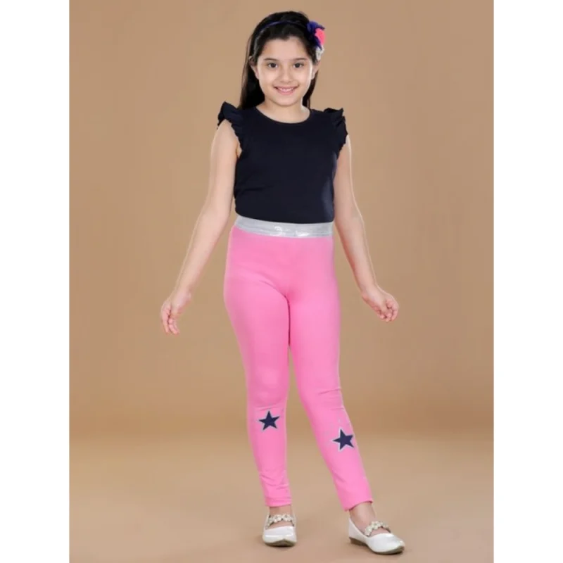 Generic Girl's Cotton Lycra Star Print Elasticated Leggings (Pink)